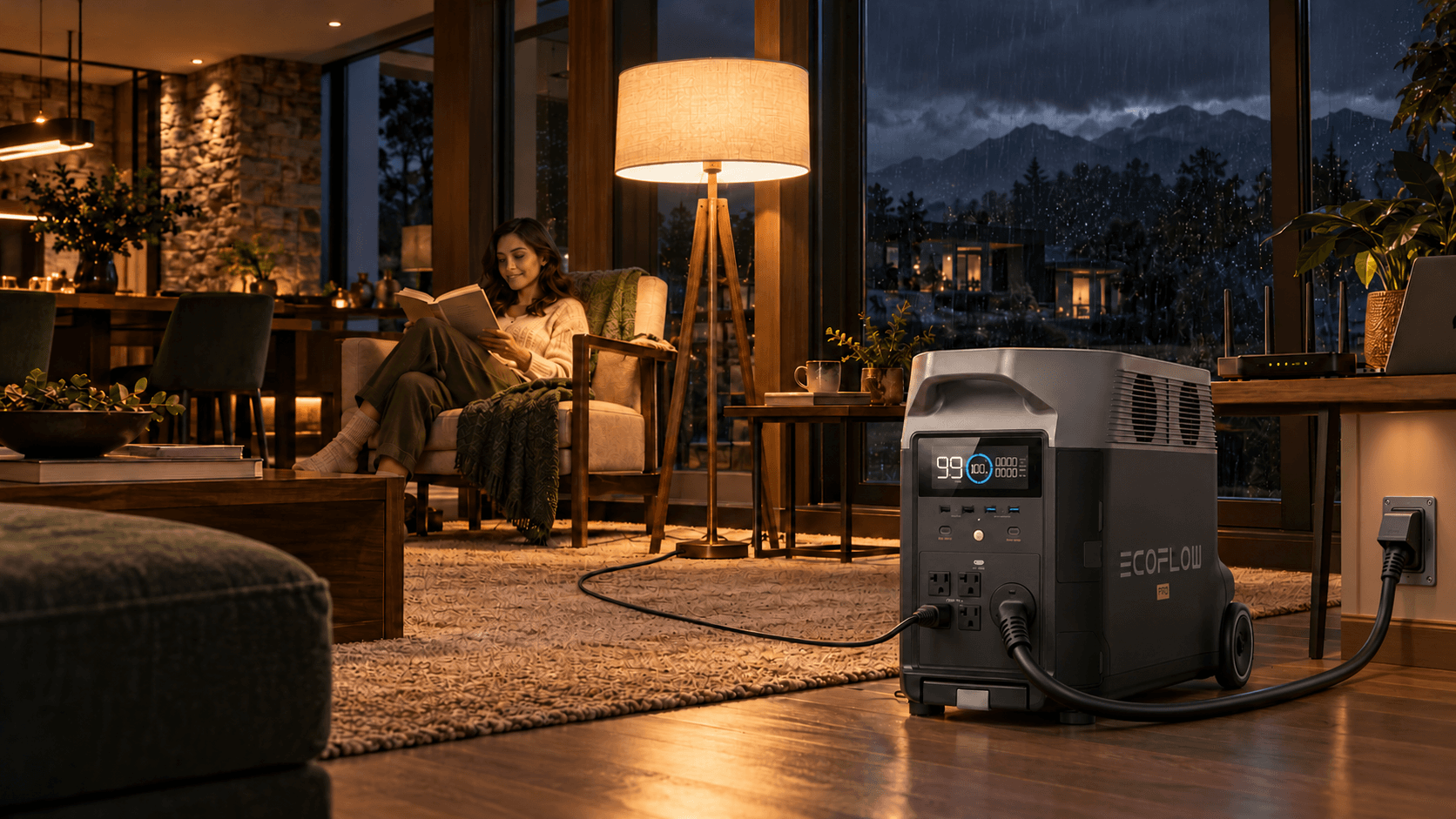 Una Delta Pro alimenta una lámpara en un hogar cálido, con el exterior oscuro