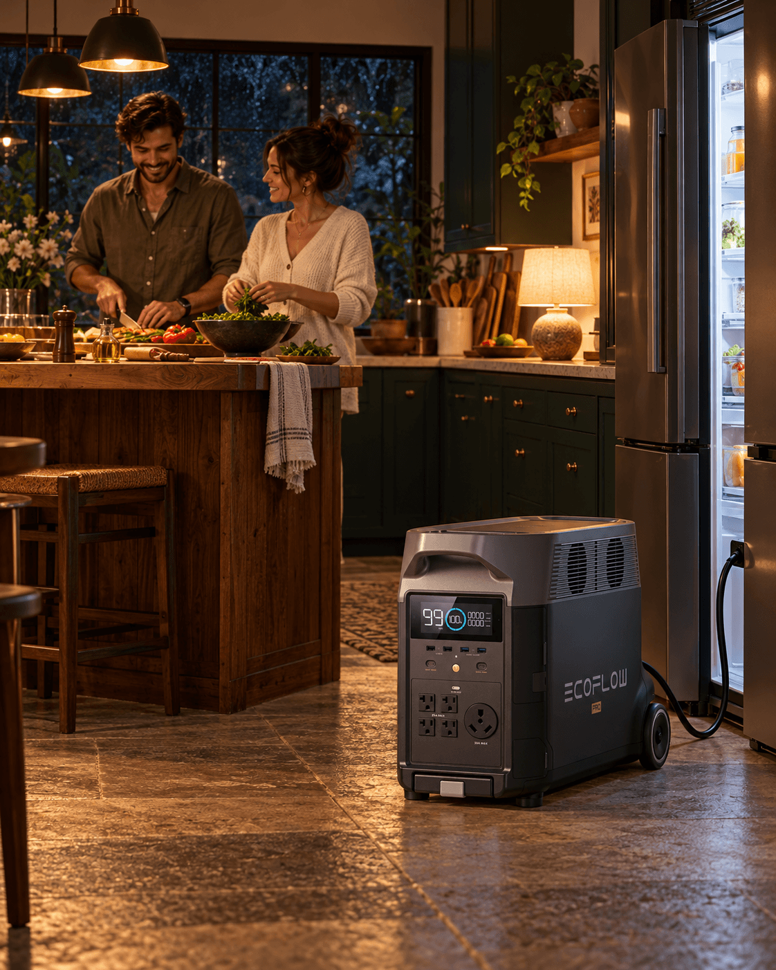 Delta Pro completa junto a una nevera iluminada en una cocina de noche