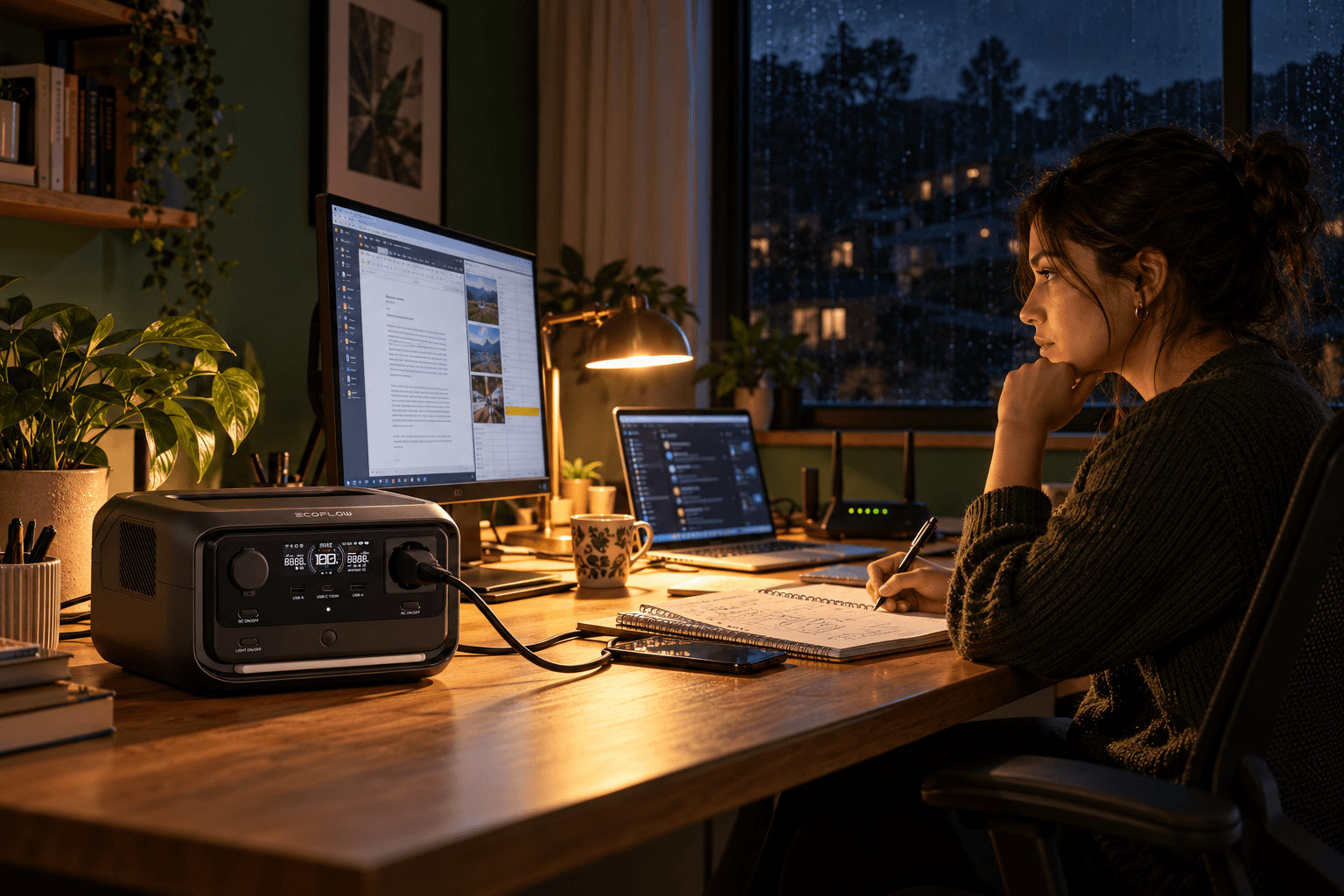 River alimenta un puesto de trabajo con computador y router